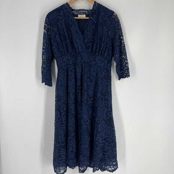Kiyonna Mademoiselle Lace Dress Size XL Navy Cocktail Half Sleeve Cocktail Midi - Picture 1 of 9